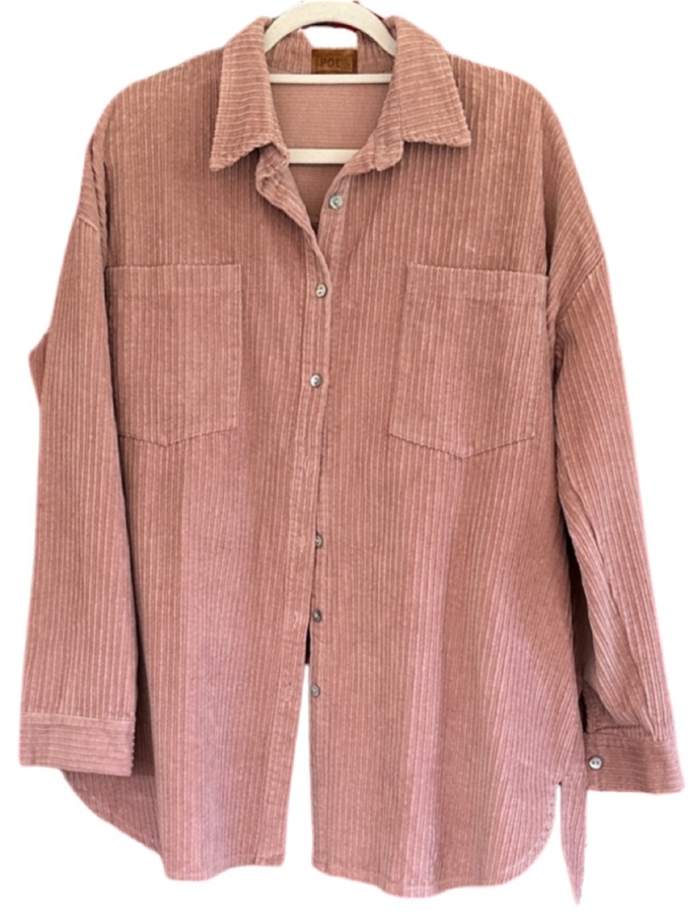 Pol Oversized Corduroy hi/low Button-Up Shacket in pinkish mauve